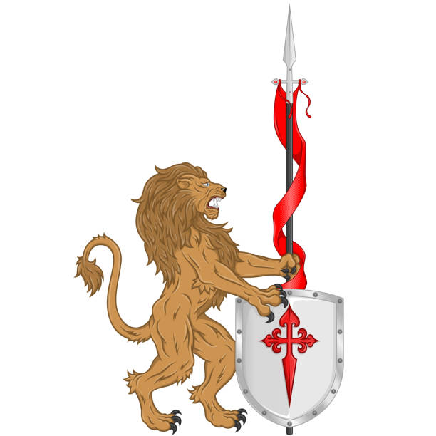 векторный дизайн льва с вымпелом и щитом - coat of arms nobility lion spain stock illustrations