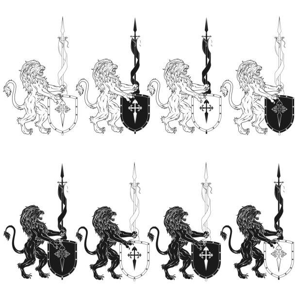 векторный дизайн льва с вымпелом и щитом - coat of arms nobility lion spain stock illustrations