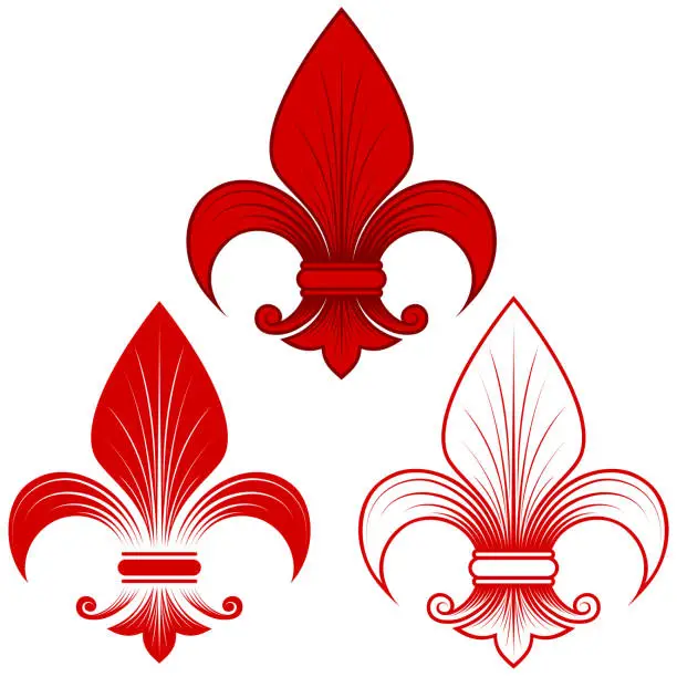 Vector illustration of Vector design of fleur de lis in three graphic styles in red