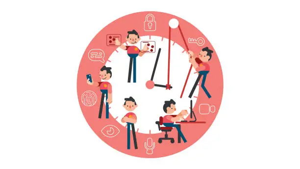Vector illustration of office worker act in a variety of ways Many scenes, working time circle. Vector set illustration.