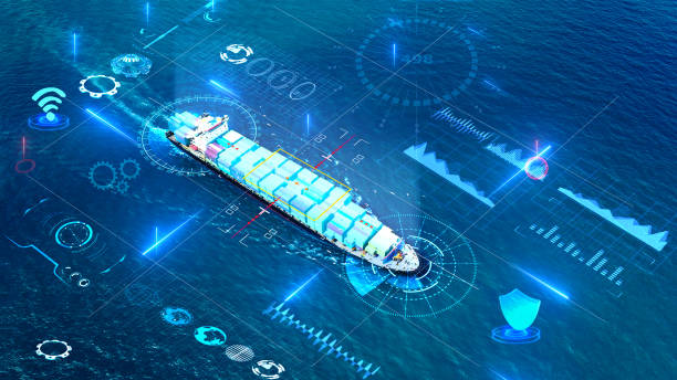 AI technology Cargo Container Ship. Tehcnology Global Logistics international delivery concept, World map logistic and supply chain network distribution Container Ship running to customs ocean.