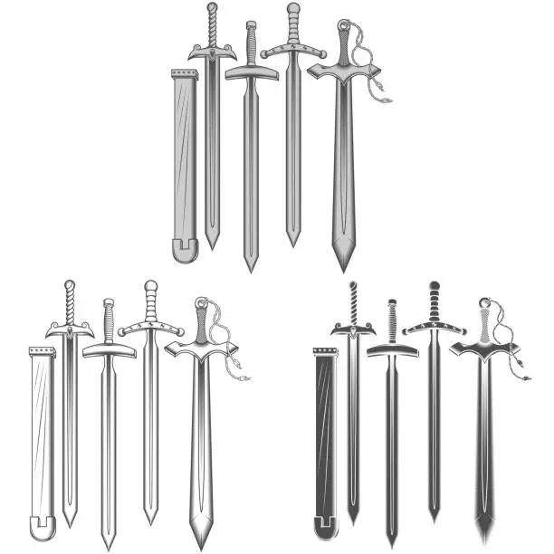 Vector illustration of Grayscale Swords and Scabbard Vector Design