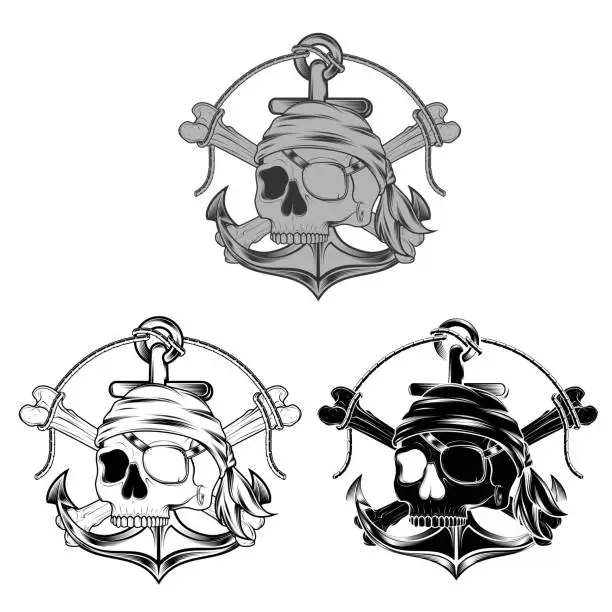 Vector illustration of Vector design of black and white pirate skulls