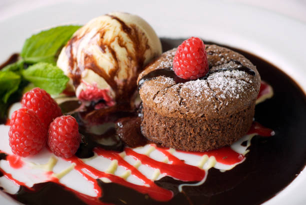 istock Chocolate Souffle Cake, Vanilla Ice Cream & Raspberries 155007095