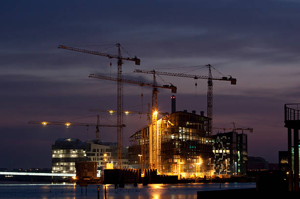 Construction site by night in Copenhagen city stock photo