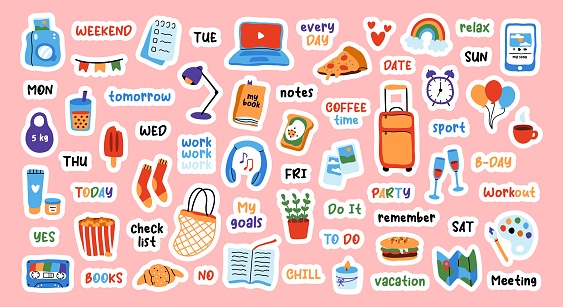 Big sticker set for weekly planner. Cute hand drawn pictures and phrases for diary decorating. Flat vector illustration
