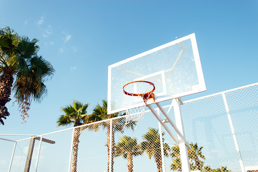basketball court, basketball ring, outdoors, against the background of palm trees and tropical climate
