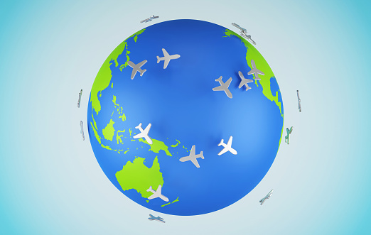 Planes Fly Around The World. Travel and airplane transportation concept by plane.