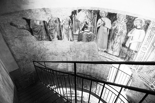Fantastic staircase in the Colleoni Chapel in Bergamo, Italy in black and white