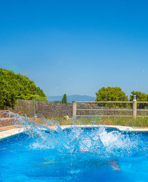 istock Waves and moving water inside a swimming pool after someone has jumped in causing splashing and splashing in a swimming pool of a luxury hotel resort on a sunny day with clear light blue sky 1550128869
