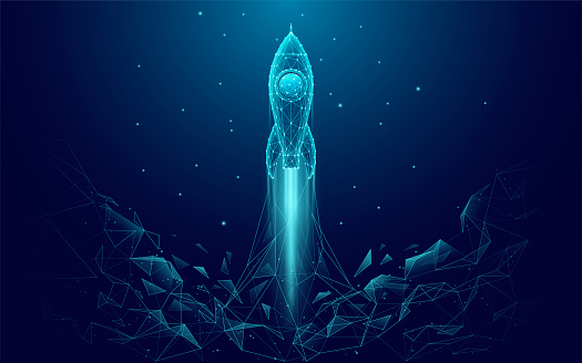 Abstract Rocket Launch. Digital Spaceship Flying Up Into Outer Space. Business Development, Boosting Concept. Low Poly Wireframe Vector Illustration on Technological Blue Background. Polygonal banner.