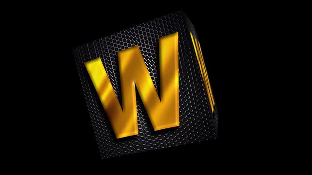 Animation of a rotating box and a capital letter W on a black background