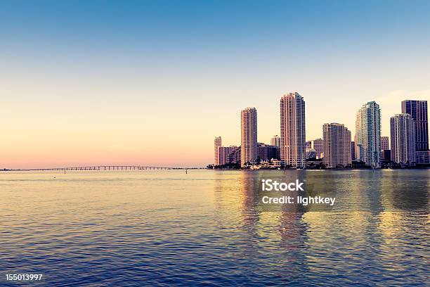 Miami Skyline On Biscayne Bay Stock Photo - Download Image Now - Miami, Urban Skyline, Sunset