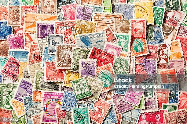 Background Of Old Canceled Postage Stamps Xxxl Stock Photo - Download Image Now - Postage Stamp, Backgrounds, Global Business