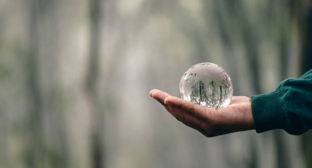 istock Human hands holding earth sphere crystal or sustainable globe glass with sunlight at green nature background in ecology environment forest. concept of conservation environmental, protection planet. 1550149397