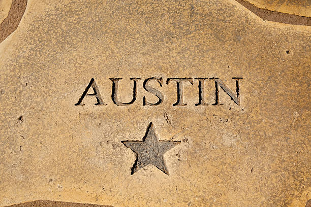 istock Austin, Texas shown on map of concrete. Star, state capitol. 155015108