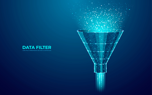 Digital Funnel and Abstract Data Flow in Techno Blue Background. Marketing and Analytics Concept. Low Polygonal Filter in connected dots, lines, shapes, and polygons. Modern Vector 3D illustration.
