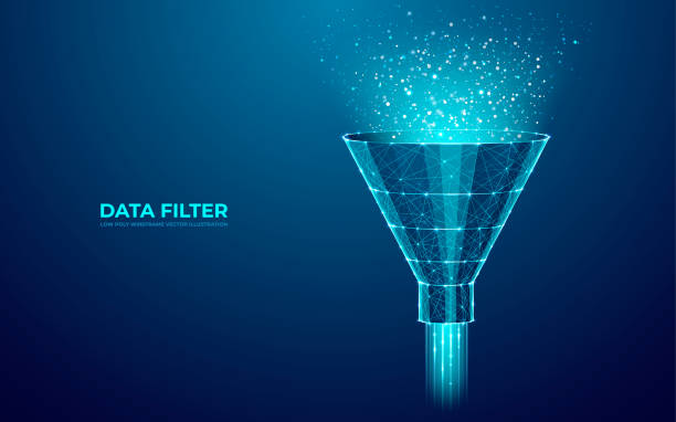 Funnel Mettal Digital Funnel and Abstract Data Flow in Techno Blue Background. Marketing and Analytics Concept. Low Polygonal Filter in connected dots, lines, shapes, and polygons. Modern Vector 3D illustration. lead stock illustrations