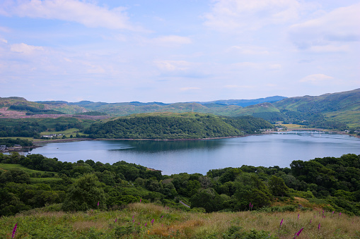 View over a loch in Scotland surrounded by wooded hills