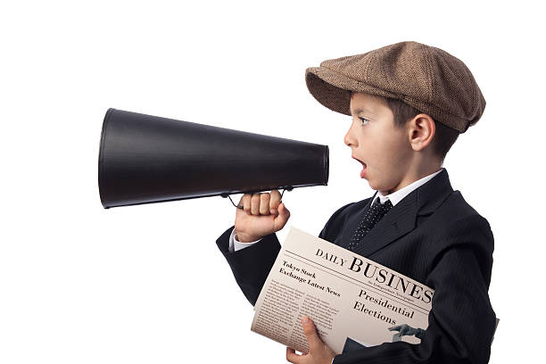 istock Newsboy holding Newspaper and Shouting With Megaphone 155016322