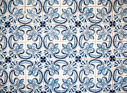 Traditional blue and yellow ornate portuguese decorative tiles azulejos