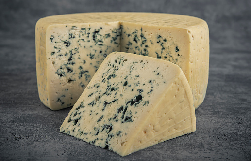 Cheese collection, piece of gorgonzola cheese with blue mold close up