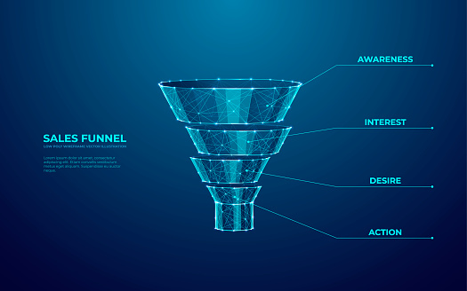 Digital Social Media Sales Funnel in blue technological polygons on dark background. Marketing Abstract Filter. Four Levels of Filtration. Customer Conversion Process. Low poly vector illustration.