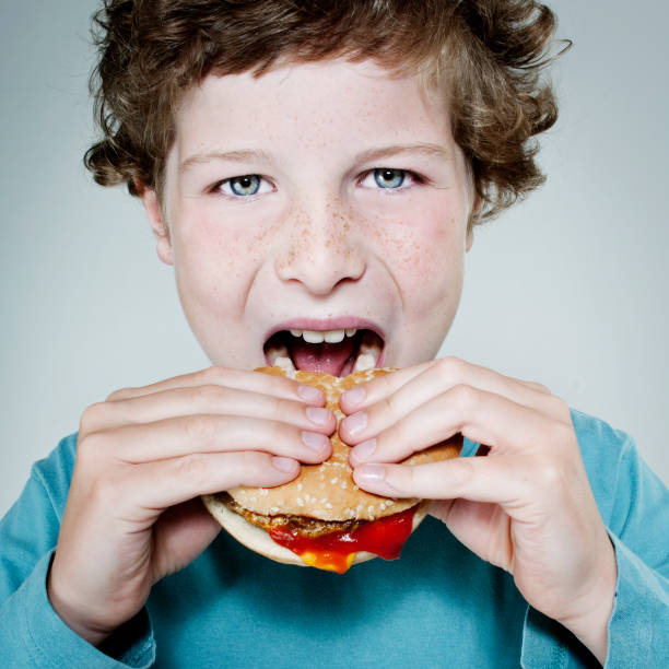 istock Young Boy Eating a Hamburger Close Up Portrait 155016873