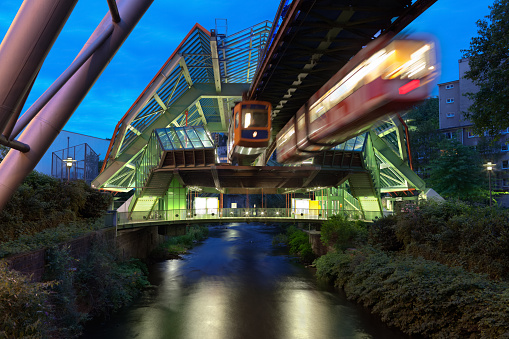 Wuppertal Suspension Railway in Germany lit up at night