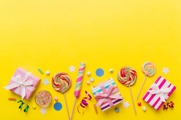 istock Collection of birthday party objects with gift box. Valentines day gift box. Top view flat lay with copy space 1550170397