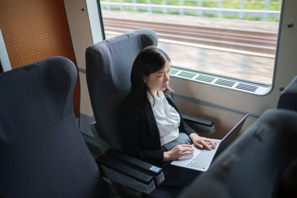 istock A businesswoman riding a high-speed rail 1550181003