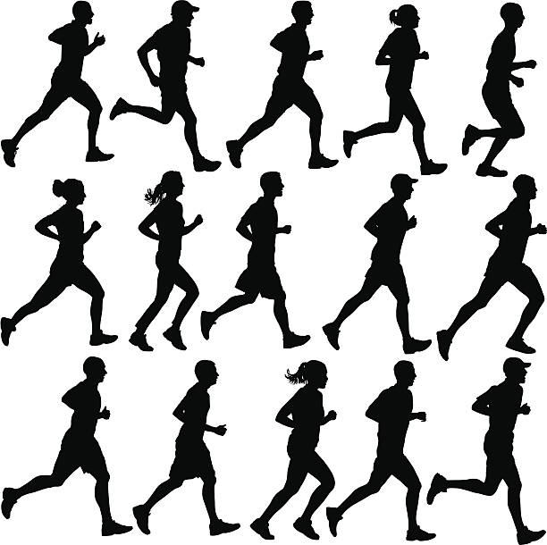 ilustraciones, imágenes clip art, dibujos animados e iconos de stock de runner siluetas - carrera de campo través