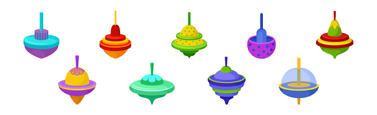 Spinning Top as Squat Toy with Sharp Point at the Bottom Vector Set. Wobbling and Spinning Plastic Toy for Playing and Children Entertainment Concept