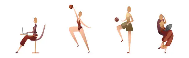 Vector illustration of Slender Female Working at Laptop and Playing Ball Vector Set