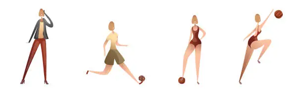 Vector illustration of Slender Female Speaking by Phone and Playing Ball Vector Set