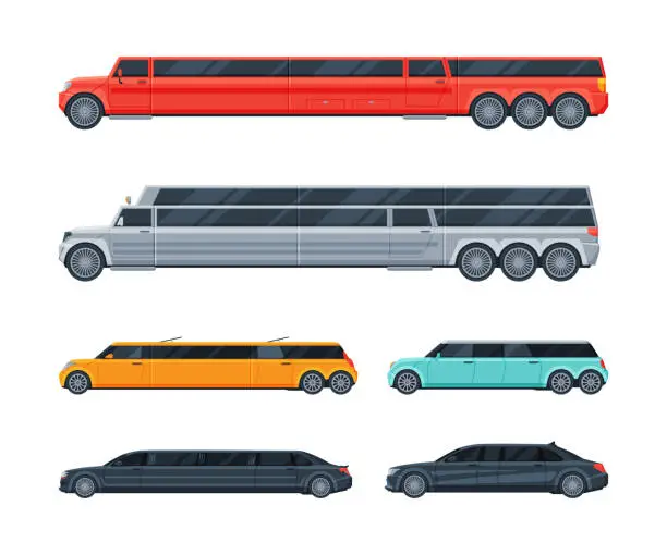 Vector illustration of Limousine as Long Wheelbase Luxury Urban Transport Vector Set