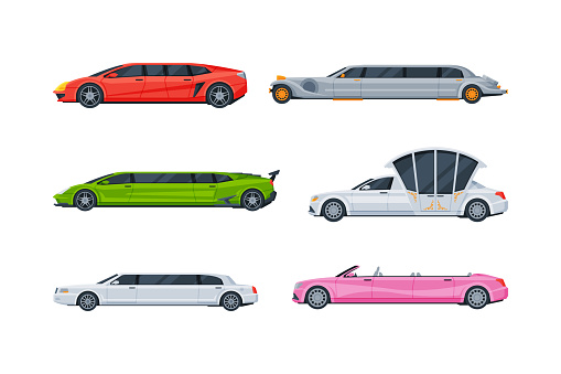 Limousine as Long Wheelbase Luxury Urban Transport Vector Set. Limo Automobile with Chauffeur as Street Traffic Driven on the Road Concept