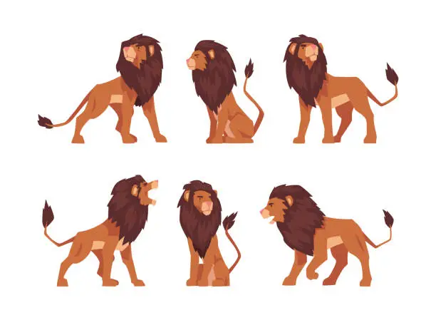 Vector illustration of Proud Powerful Lion Mammal with Prominent Mane and Hairy Tuft on Its Tail Vector Set