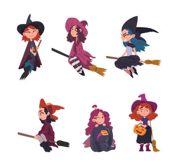 Vector illustration of Funny Girl Witch Wearing Pointed Hat Holding Broom Vector Set