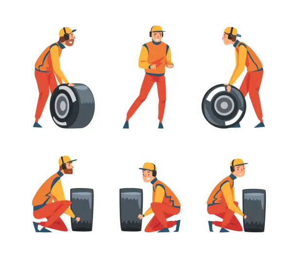 Vector illustration of Pit Stop Crew Member Changing Tire Wheel Engaged in Maintenance of Racing Car Vector Set