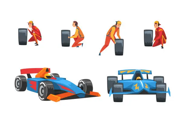 Vector illustration of Pit Stop Crew Member Changing Tire Wheel Engaged in Maintenance of Racing Car Vector Set