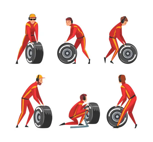 Vector illustration of Pit Stop Crew Member Changing Tire Wheel Engaged in Maintenance of Racing Car Vector Set