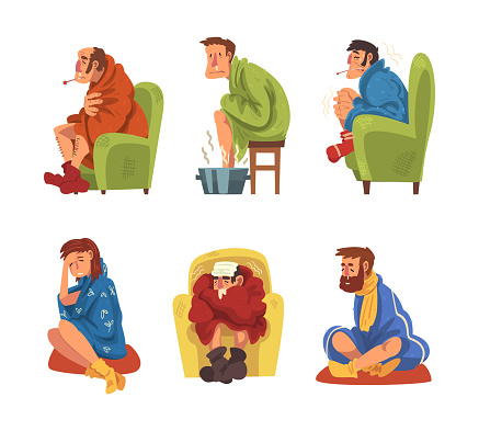 Sick Man and Woman Sitting on Chair Wrapped in Blanket Warming Legs in Basin Vector Set. Male and Female with Flu Having Fever and High Temperature