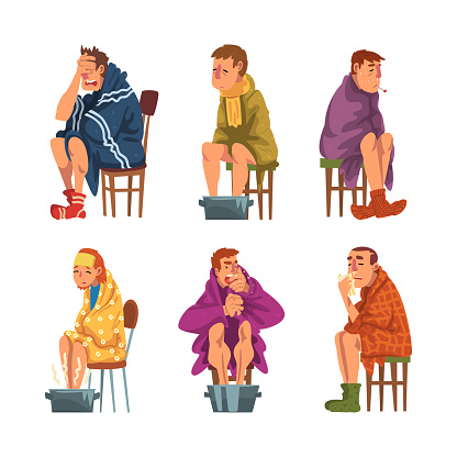 Sick Man and Woman Sitting on Chair Wrapped in Blanket Warming Legs in Basin Vector Set. Male and Female with Flu Having Fever and High Temperature