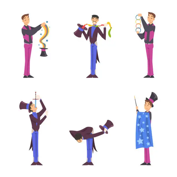 Vector illustration of Man Magician with Top Hat Performing Different Magic Tricks on Stage Vector Set
