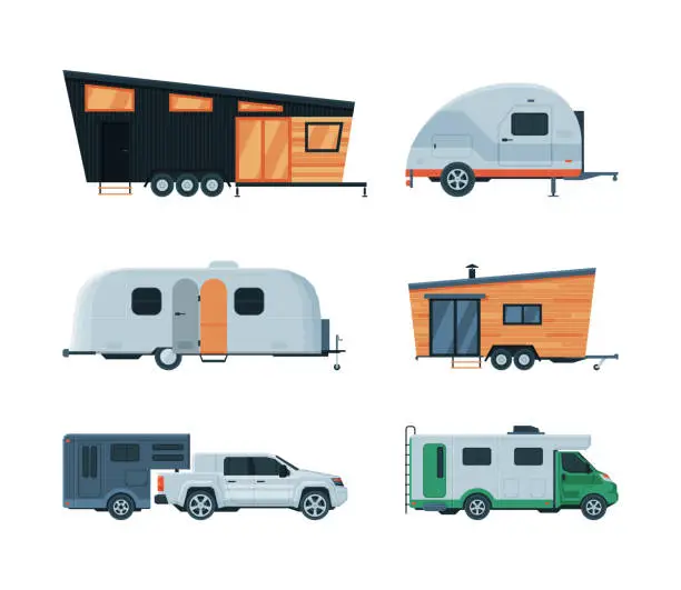 Vector illustration of Caravan or Travel Trailer as Towed Behind Road Vehicle Side View Vector Set