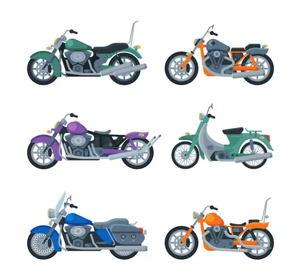 Vector illustration of Motorcycle or Motorbike Type as Two-wheeled Motor Vehicle Side View Vector Set