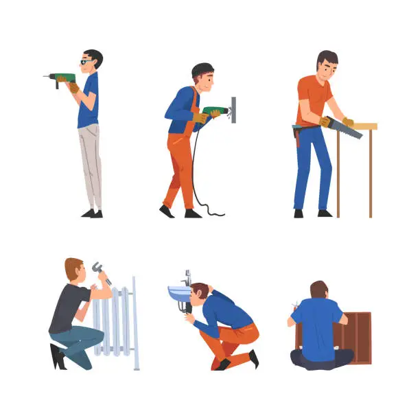 Vector illustration of Handyman or Fixer as Skilled Man Engaged in Home Repair Work Vector Set