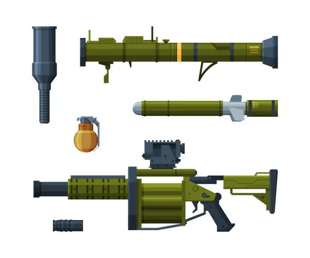 Vector illustration of Grenade Projector and Shell as Explosive Weapon Vector Set