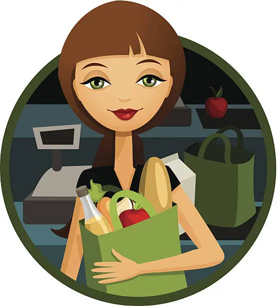 Vector illustration of Grocery Store: Woman Shopping for Food, Reusable Bag